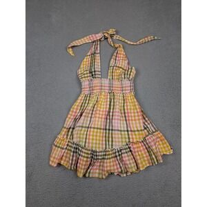 Aerie Dress Womens XS Multicolor Gingham Halter Smocked Ruffle‎ Hem Cotton Lined